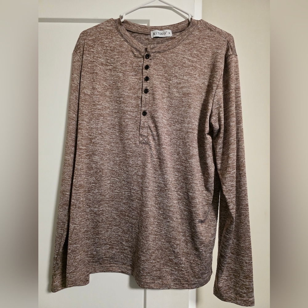 Men's Kuyigo Size Medium Cotton Long-Sleeve Casual Brown Henley Shirt